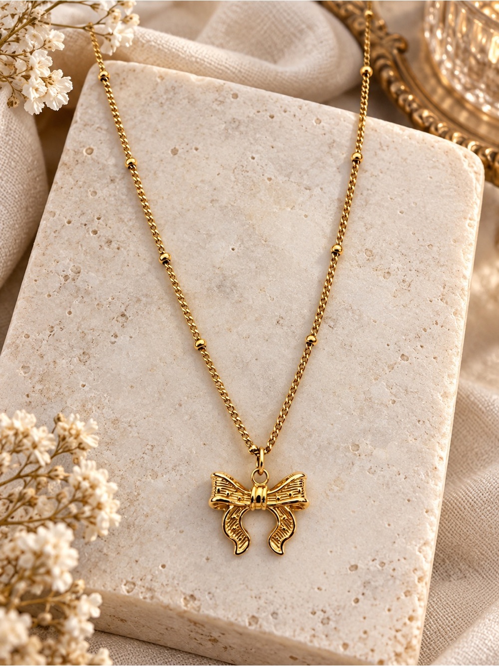 Gold Bow Pendant Necklace Dainty Beaded Chain Coquette Ribbon Jewelry